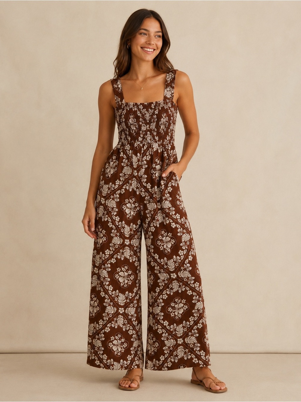American Eagle Outfitters Brown Floral Square-Neck Wide-Leg Jumpsuit - Picture 1 of 7